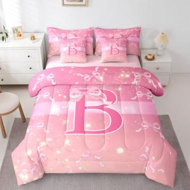Imagem de Feelyou Conjunto de edredom Grils com laço rosa, 7 peças, solteiro, fofo, glitter, para crianças, meninos, meninas, personalizado, com inicial B, decoração de quarto, microfibra macia e respirável