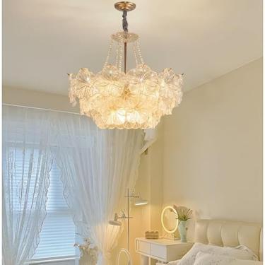 Imagem de Lustre de cristal francês moderno dourado para teto, luminária pendente 2 em 1 ajustável com pétalas multicamadas para sala de estar, sala de jantar e quarto (50 cm)