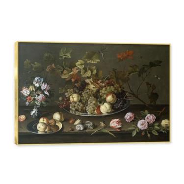 Imagem de NHLDZYH Moldura dourada. Vintage Fruta Ainda Natureza Tela Retro Frutas Motivo Estilo Country Decoração de Parede para Cozinha e Sala de Jantar. C06. 80 x 120 cm.