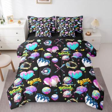 Imagem de jejeloiu Conjunto de edredom infantil de beisebol, sorvete, com lençóis, fronhas e capa de almofada, tamanho solteiro, sobremesa de microfibra esportiva de beisebol, 7 peças, preto, rosa e azul