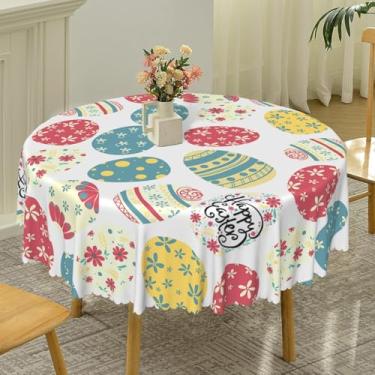 Imagem de TTQYFNM Toalha de mesa redonda Happy Easter 178 cm colorida ovos de Páscoa primavera estampa floral toalha de mesa de tecido impermeável para cozinha, sala de jantar, piquenique, festa de Páscoa