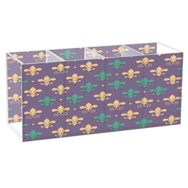 Imagem de CEBUGI Porta-lápis de acrílico transparente com 4 compartimentos, organizador de pincéis de maquiagem com estampa flor-de-lis para armazenamento em mesa de escritório em casa