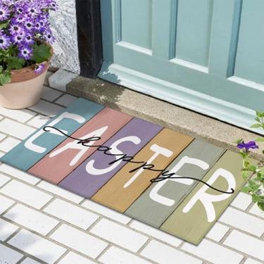 Imagem de Noulmea Tapete de porta decorativo Happy Easter 76 x 43 cm - Tapete de fundo de prancha de madeira pastel, tapete de entrada para ambientes internos e externos, antiderrapante, durável, tapetes de