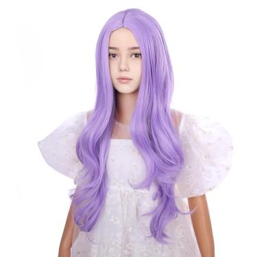 Imagem de DUDUWIG Peruca infantil roxa lavanda infantil longa roxo claro peruca parte do meio peruca longa ondulada encaracolada perucas para meninas cabelo sintético resistente ao calor com touca
