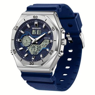 Imagem de Relógio Esportivo Masculino Analógico Com Dupla Exibição Multifuncional Impermeavel Azul Prata