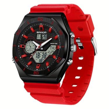 Imagem de Relógio Esportivo Masculino Analógico Com Dupla Exibição Multifuncional Impermeavel Preto Vermelho
