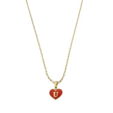 Imagem de Colar Cartier 45Cm Coração Vermelho Letra U Banhado Ouro 18K