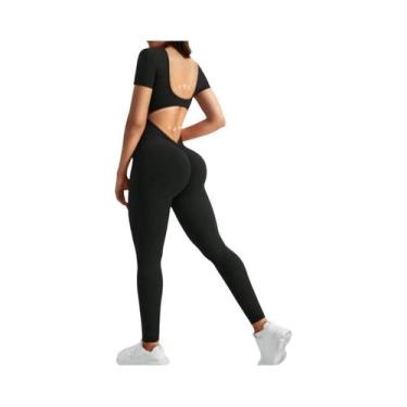 Imagem de Macacão Feminino Sem Costura Com Decote U E Manga Curta Para Fitness, 