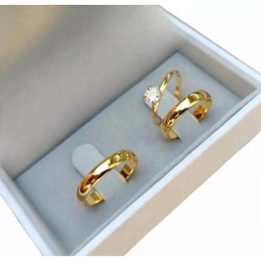 Imagem de Par de Alianças de Ouro 18k 4mm 6g + Anel solitário de Noivado - SHEJU