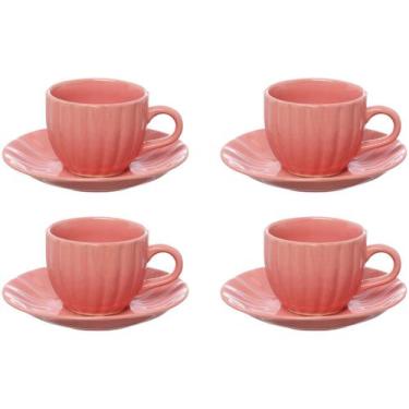 Imagem de Conjunto 4 Xícaras de Chá com Pires Cerâmica Bella 150ml Rosa JGCH064R