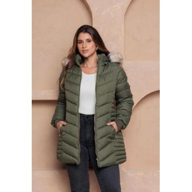 Imagem de Jaqueta Alongada Feminina Puffer com Capuz Peluciado COR:VERDE MILITAR