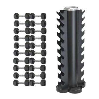 Imagem de Kit halteres sextavado 1kg a 8kg total 68kg + suporte torre - D1FITNES