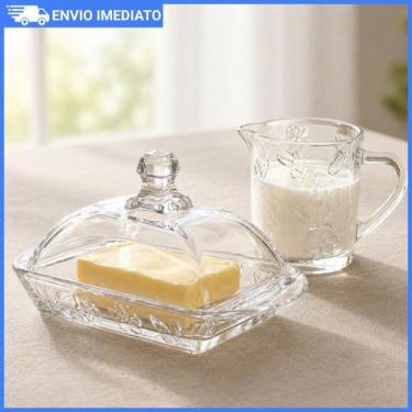 Imagem de Kit Manteigueira Jarra Leiteira De Vidro Florido Mesa Posta Café Da Ma