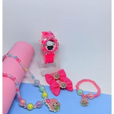 Imagem de Kit Relógio Infantil Digital Pisca Luz Toca Musica Hello Kitty + Colar
