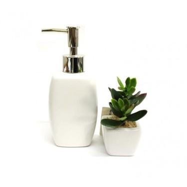 Imagem de Kit Porta Sabonete Líquido Porcelana e Mini Vaso Cerâmica Suculentas Artificial Para Banheiro - Yazi e Jolitex