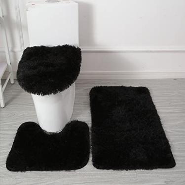 Imagem de Tapete de banho 3 peças/conjunto de pelúcia capa de banheiro almofada de pés absorvente antiderrapante tapete de banheiro de flanela macio tapete de banho, preto