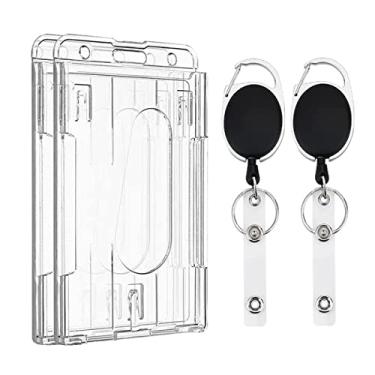 Imagem de 2 pçs carretel de crachá retrátil porta-crachá, porta-crachá, compartimentos para cartão, porta-cartões, fácil puxar, fivela, crachá e crachá porta-cartões transparente porta-cartões para crachá de identificação, telefone, câmera, chaves