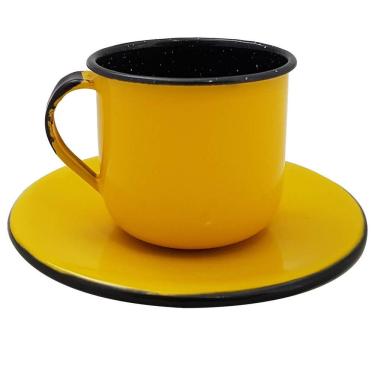 Imagem de Caneca Esmaltada Xícara Com Pires Para Chá Café 180ml Amarelo