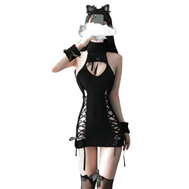 Imagem de SINMIUANIME Women's Cosplay Lingerie Turtleneck Sleeveless Knitted Bandage Anime One-piece Sweater Vest Top (Black)