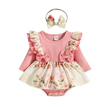 Imagem de Macaquinho infantil para meninas com babados, manga comprida, estampa floral canelada, roupas de balé para recém-nascidos (rosa, 12 a 18 meses)