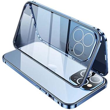 Imagem de HAODEE para Apple iPhone 13 Pro Max (2021) capa de 6,7 polegadas, capa de telefone HD de vidro temperado de dupla face magnética, moldura de pára-choques de metal (cor: azul de pico longe)