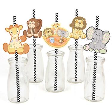 Imagem de Decoração de palha de papel de arca da Noah's – Canudos decorativos listrados para chá de bebê ou festa de aniversário – Conjunto com 24