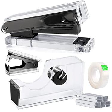 Imagem de Dispensador de fita acrílica preta grampeador de mesa preto, material de escritório de acrílico inclui removedor de grampo, fita, kit de acessórios de mesa com 1000 peças, lindo conjunto de grampeador