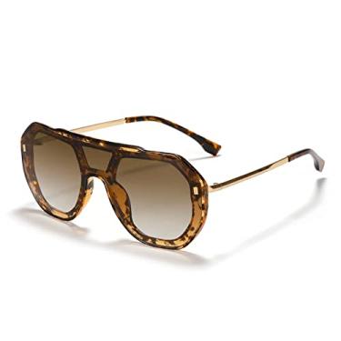 Imagem de Óculos de sol de liga de uma peça vintage para mulheres moda verde gradiente plano óculos de sol masculino rebite grandes tons femininos gafas, chá de leopardo, com estojo