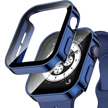 Imagem de MAALYA Caixa de relógio à prova d'água vidro temperado para Apple Watch Serie 8 7 Capa 40mm 44mm 41mm 45mm Protetor de borda reta IWatch 6 SE 5 4 (Cor: Azul chapeado, Tamanho: 44MM)