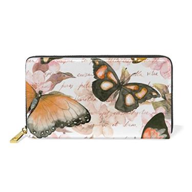 Imagem de My Little Nest Carteira feminina de couro legítimo, bolsa tipo carteira com flores aquarela, borboletas, porta-cartão, organizador com zíper ao redor da embreagem