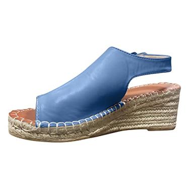 Imagem de Sandálias de plataforma para mulheres dedo do pé feminino sandálias de tecido de linho cor sólida moda casual fivela tira sandálias de couro sapatos (azul, 7,5)