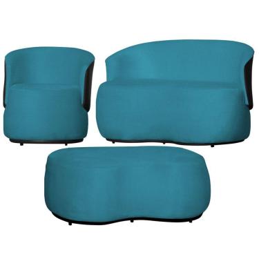 Imagem de Kit 1 Poltrona 1 Namoradeira e 1 Puff Grande Decorativo Estilo Orgânico Beatriz Suede Composê Corino Preto - Estopar