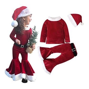 Imagem de Conjunto de roupas de Natal para meninas adoráveis Manga comprida Bell Bottom Coral Velvet Traje de Papai Noel para meninas de 1-7 anos, vermelho 80yd