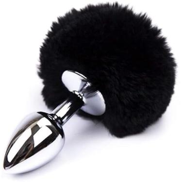 Imagem de Plug Anal Pompom Tamanho P 7cm x 2,8cm em Aço Rabo de Coelho (PRETO)