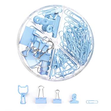 Imagem de CREECHWA Conjunto de clipes de papel azul e fichário, fichários de metal de tamanhos variados com alfinetes, lindos materiais de escritório para mesa, acessórios de mesa