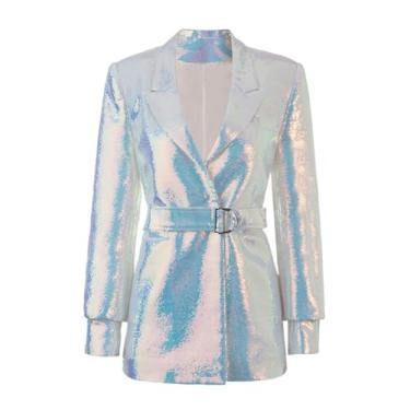Imagem de Blazer feminino de alta qualidade com lantejoulas e manga comprida, cinto na cintura, gola entalhada, casaco fino, roupas de outono, Prata, M