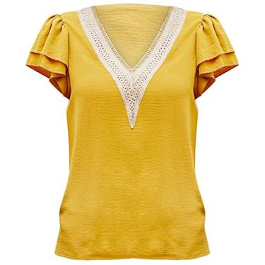 Imagem de Blusas femininas estilosas de chiffon de verão com estampa moderna de manga curta e túnica de festa, Amarelo, GG