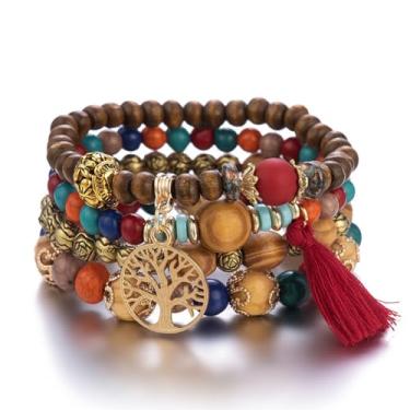 Imagem de Conjunto de 4 peças de pulseiras empilháveis boêmias para mulheres, meninas, homens, elásticas, multicamadas, berloques coloridos, árvore da vida, borlas, joias hippie, delicadas, presente de melhor