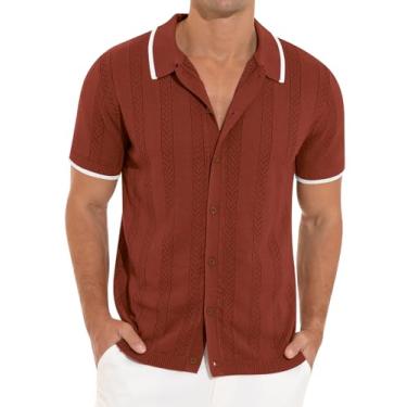 Imagem de RQP Camisa masculina casual de botão manga curta roupas vintage malha camisa polo verão praia camisas, Marrom escuro, M