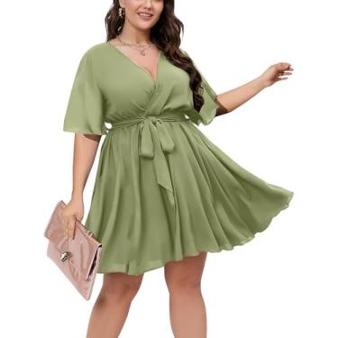 Imagem de SCOMCHIC Vestidos femininos plus size de verão manga curta gola V evasê minivestido curto GG-4GG, Verde, X-Large Plus