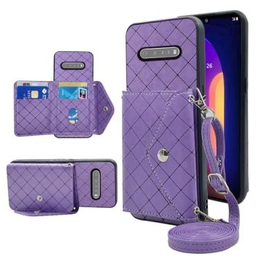 Imagem de Capa carteira compatível com LGV60ThinQ G5 LG60 9G B60 G60 17.3 cm com alça de ombro transversal suporte de couro suporte para cartão de crédito capa de telefone para LGV60 V 60 60ThinQ 60V roxo