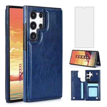 Imagem de Asuwish Compatível com Samsung Galaxy S24 Ultra 5G capa carteira de vidro temperado protetor de tela suporte de cartão acessórios capas de telefone para S24Ultra 24S S 24 24Ultra mulheres homens azul
