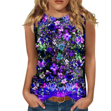 Imagem de Regatas frente única para mulheres, gola alta, sem mangas, estampa floral, camisetas casuais de verão 2024 Boho Dressy Vest, Azul escuro, P