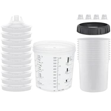 Imagem de Copo de mistura de pulverizador de tinta descartável para pistola de pintura automotiva, compatível com o sistema original 1.0 (não 2.0) - 10 kit de 590 ml - 10 forros de copo, 10 tampas com filtro, 1