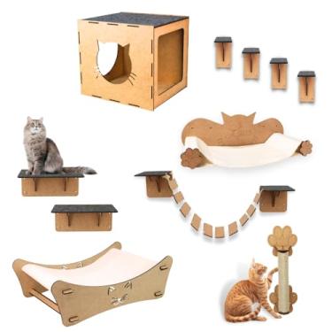 Imagem de BOXFAN Brinquedo de Gatos Kit 11 Peças com Prateleiras Arranhador Nicho Cama Rede de Descanso Ponte Degraus Parquinho Suspenso em Mdf 4mm Reforçado