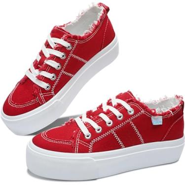Imagem de Obtaom Tênis feminino de lona plataforma branco confortável para brincar na moda, casual, plataforma elevatória, com cadarços, sapatos bonitos de caminhada de cano baixo para mulheres, Vermelho, 38