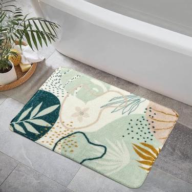 Imagem de Uphome Tapete de banheiro moderno de veludo abstrato, antiderrapante, bonito, estampado com plantas, tapete de banheiro de microfibra macia, lavável na máquina, tapete de chão com design artístico para chuveiro, 45,72 cm x 63,72 cm