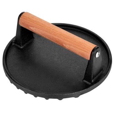 Imagem de Whaleme Prensa de hambúrguer de ferro fundido resistente, redonda de 17 cm, cabo de madeira, para chapa Blackstone, grelha de bacon, carne, bife, sanduíche, paninis