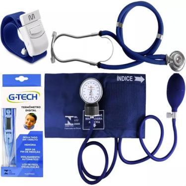 Imagem de Kit Acadêmico Esfigmo Azul + Esteto + Garrote + Termômetro