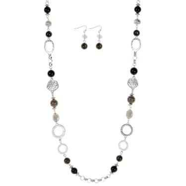 Imagem de Jules D. Conjunto de colares e brincos de corrente longa com contas de várias cores prateadas/banhado a ouro para mulheres, suéter, bijuteria, long, Prata Pedra preciosa, Sem Pedra Preciosa